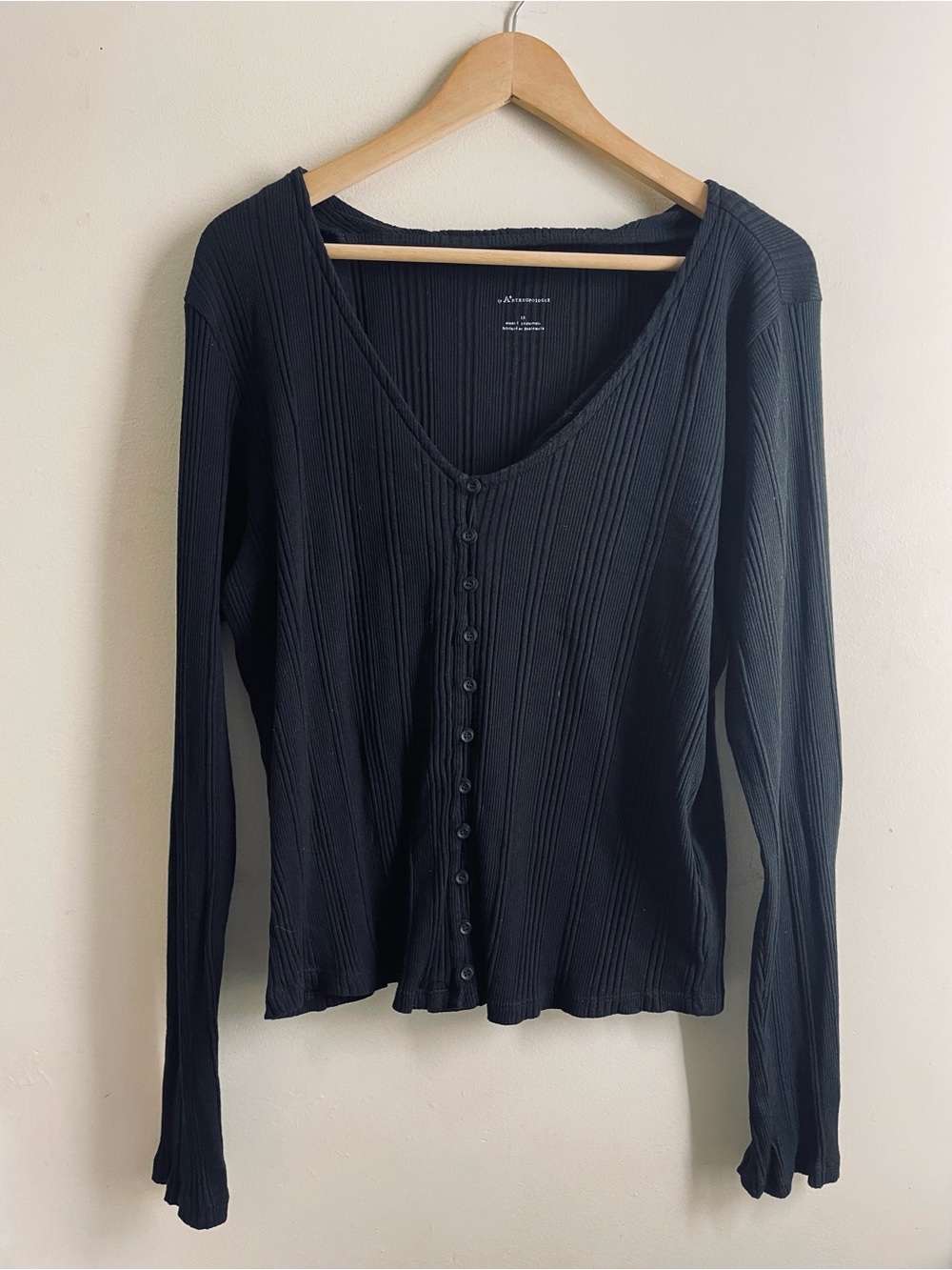 Anthropologie Black Ribbed Henley Top 1X Long Sleeve Button Front Stretch